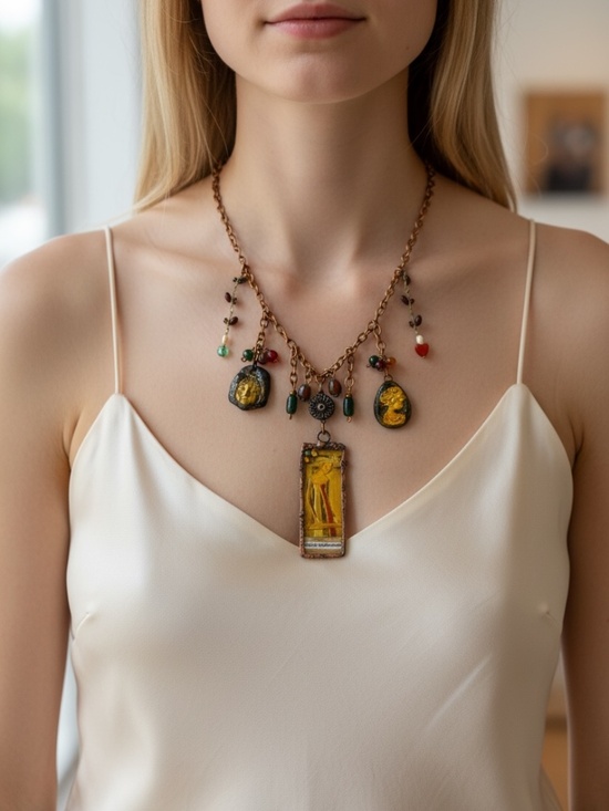 Artisan Jewelry - Mixed Media Art Canvas in Glass, Metalwork Nat. Stones & Handmade  Clay Cameos